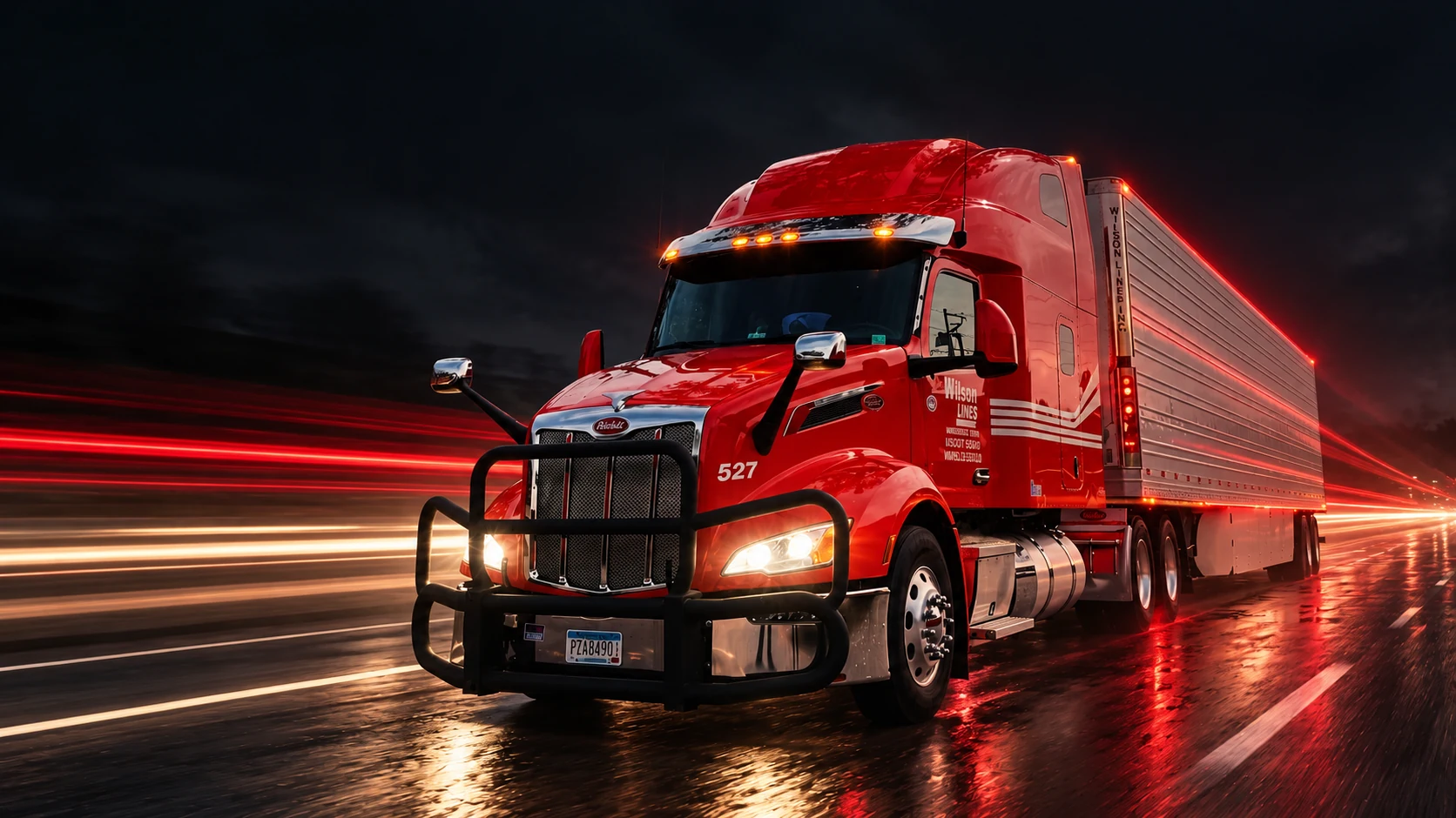 Red Wilson Lines tractor-trailer with illuminated headlights and red and white light trails across a dark road